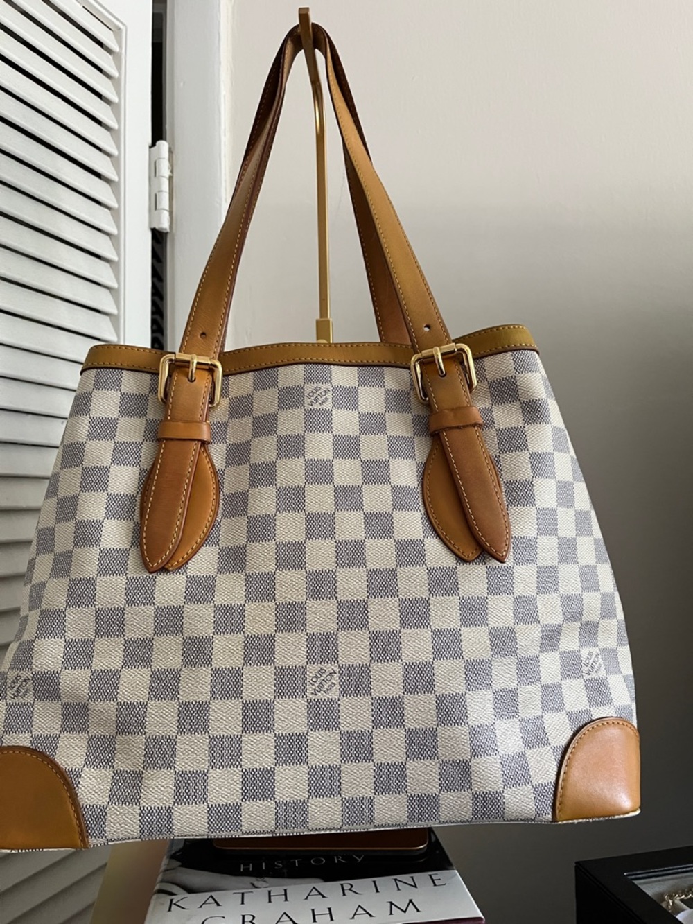 Damier Azur Hamptead MM leather Tote with Tan Leather Trims - Picture 7 of 15